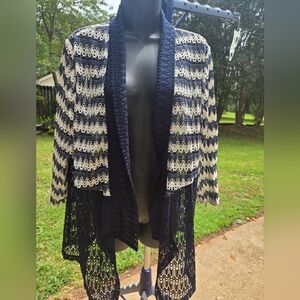 Alfred Dunner Navy and Cream Open-Front Cardigan